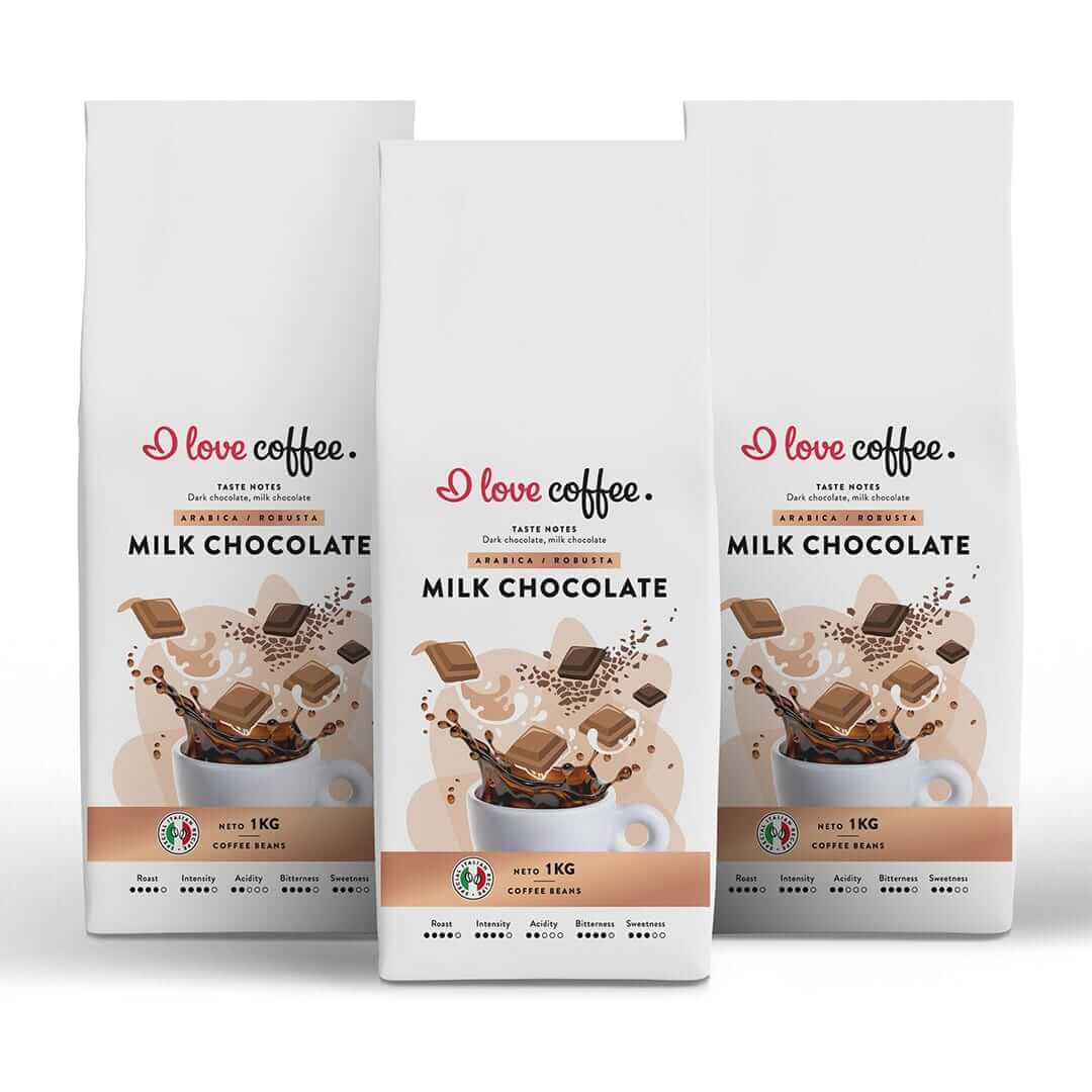 3 kg Kavos pupelės Milk Chocolate, 1 kg Aš myliu kavą