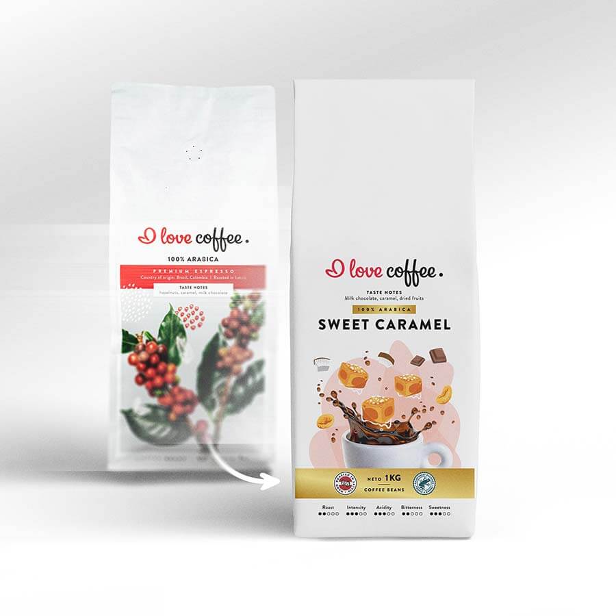 Kavos pupelės Sweet Caramel, 1 kg Aš myliu kavą