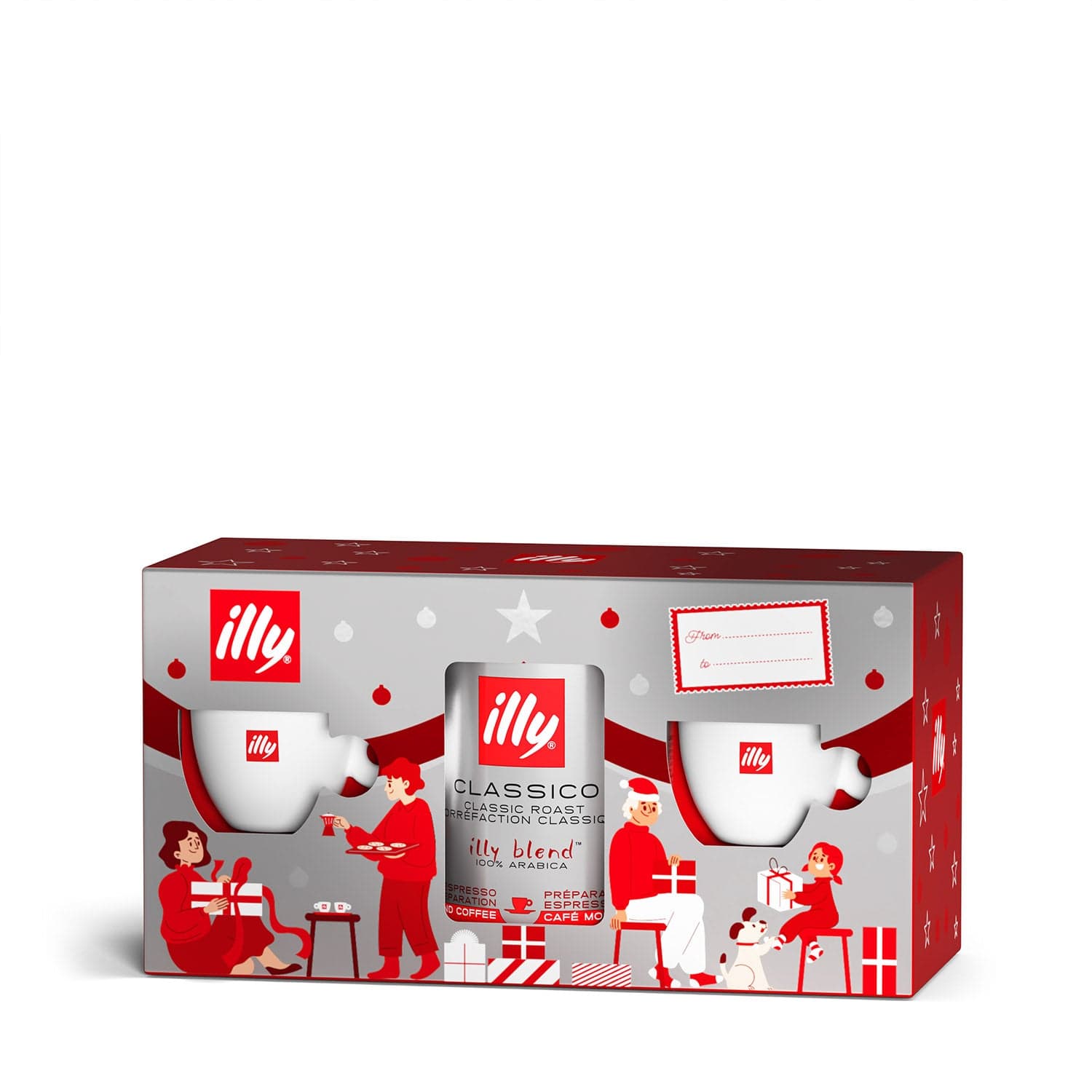 ILLY dovanų rinkinys - malta kava 250 g + 2 vnt. espresso puodeliai su lėkštutėmis illy