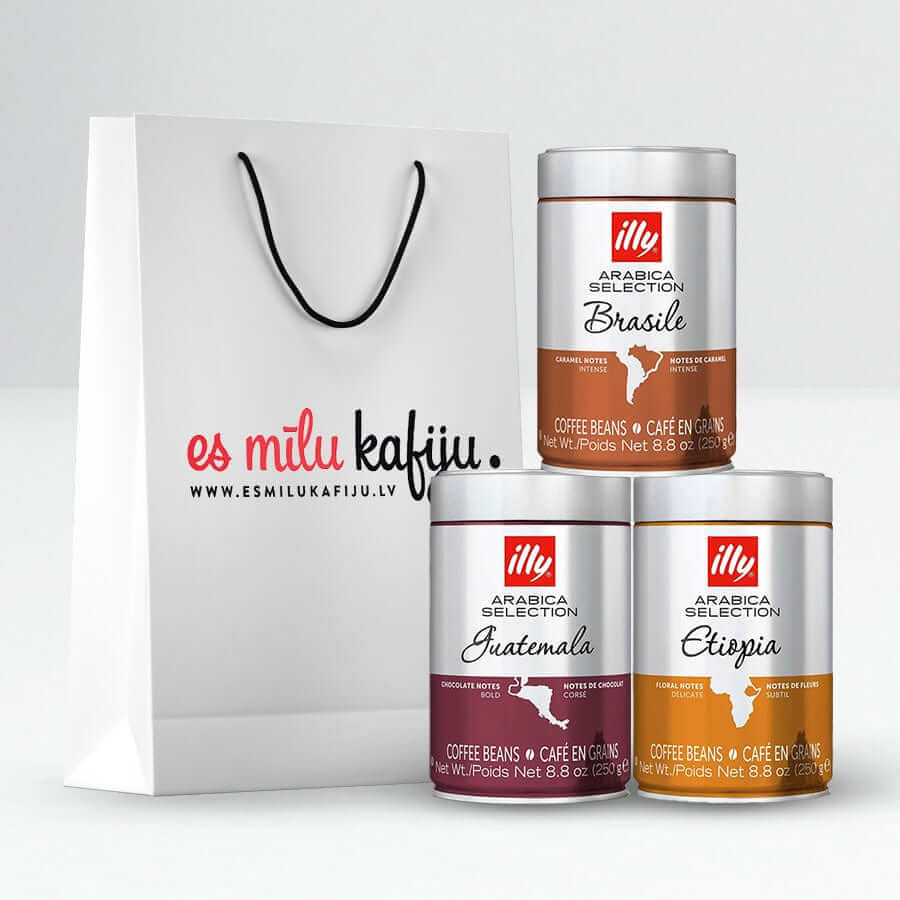 Dovanų rinkinys - illy kavos pupelės iš Etiopijos, Gvatemalos ir Brazilijos illy