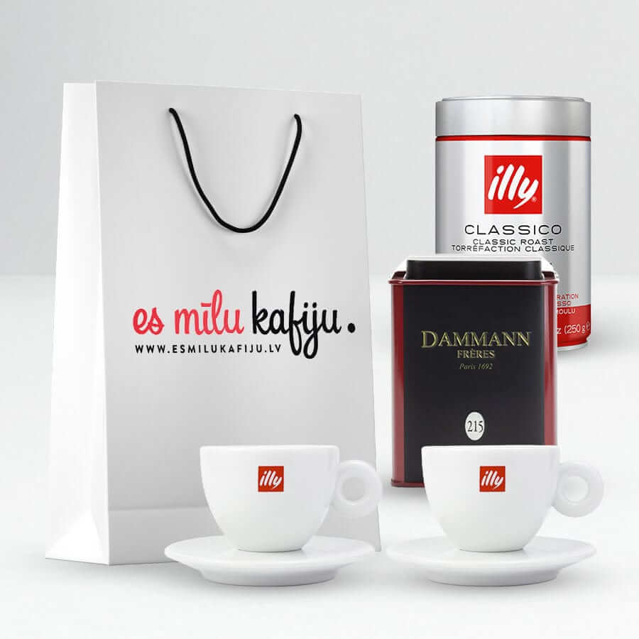Dovanų rinkinys - malta kava illy, 2 x illy puodeliai ir Dammann Frères arbata illy