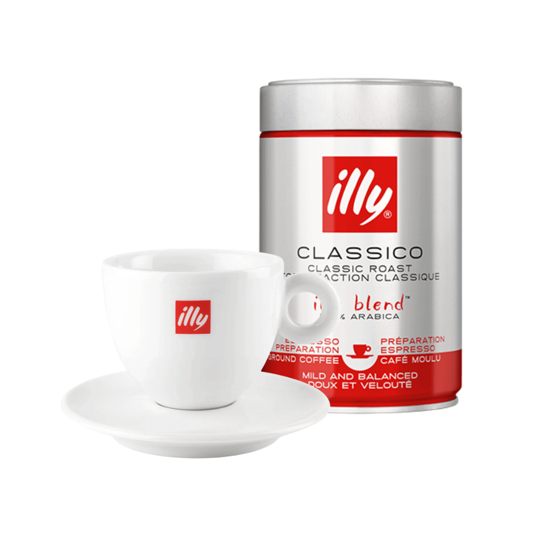 Illy dovanų rinkinys - malta kava 250g + Kapučino puodelis su lėkštute illy