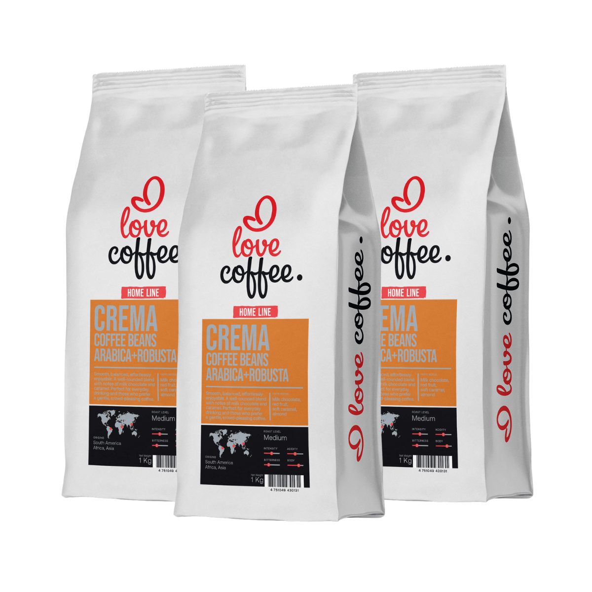3 kg Kavos pupelės I Love Coffee Home Line CREMA, 1 kg Aš Myliu Kavą