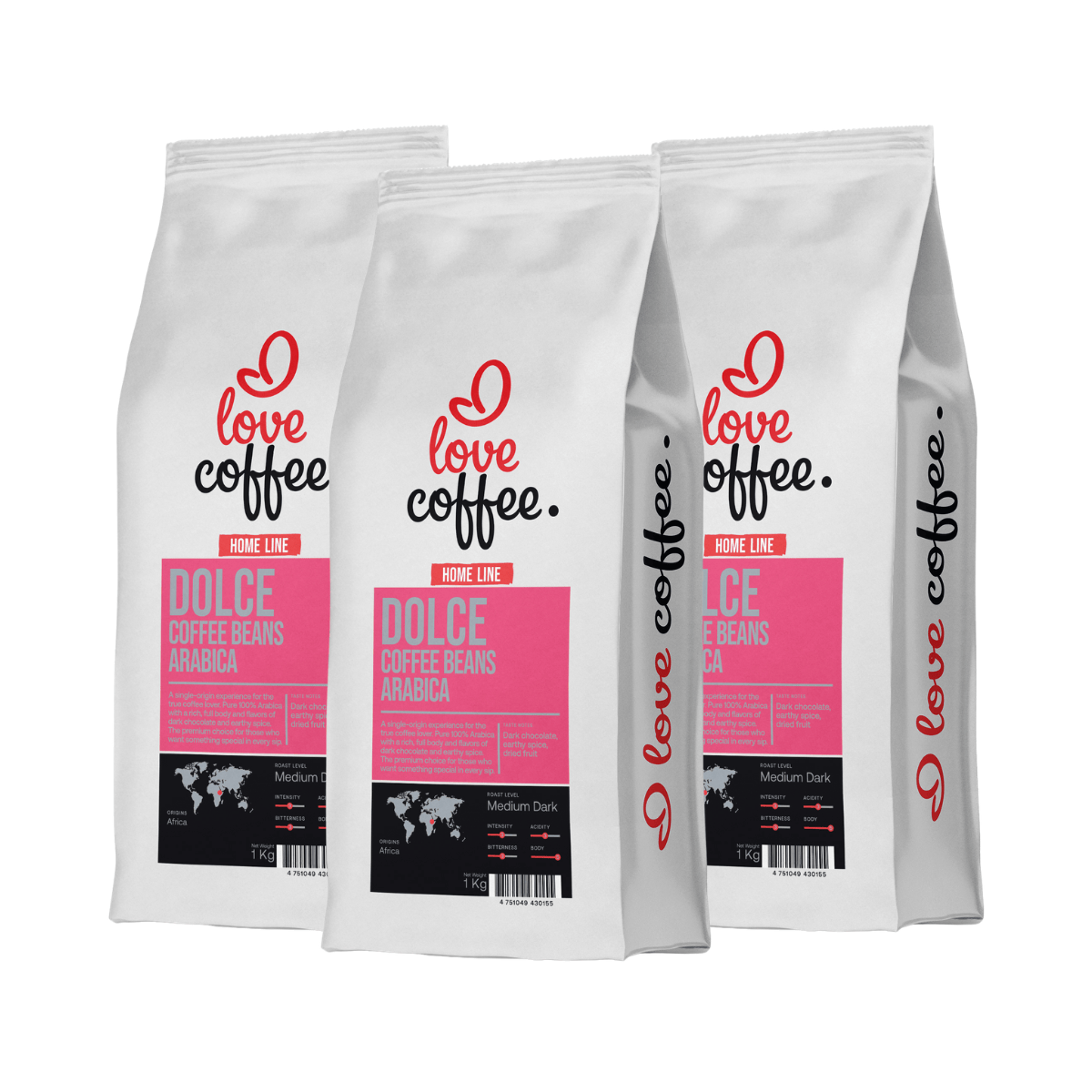 3 kg Kavos pupelės I Love Coffee Home Line DOLCE, 100% Arabica, 1 kg Aš Myliu Kavą