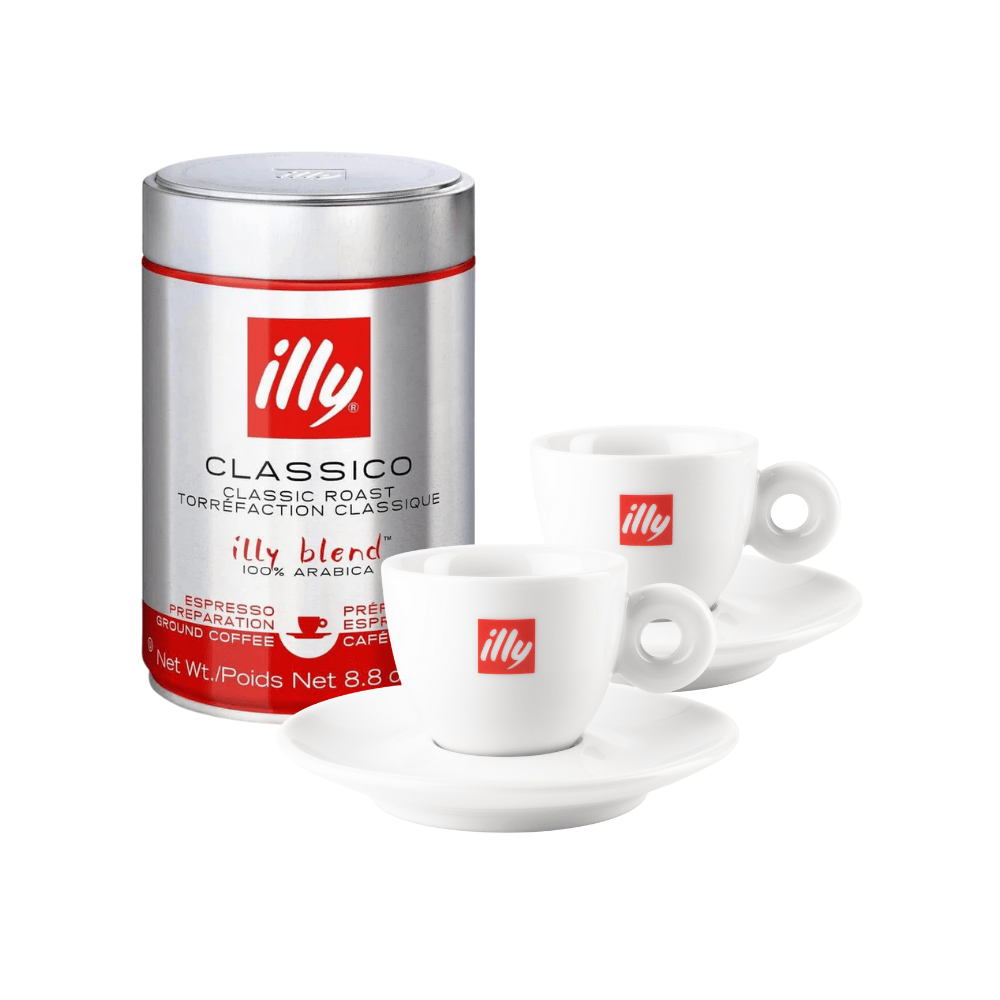 ILLY dovanų rinkinys - malta kava 250 g + 2 vnt. espresso puodeliai su lėkštutėmis illy