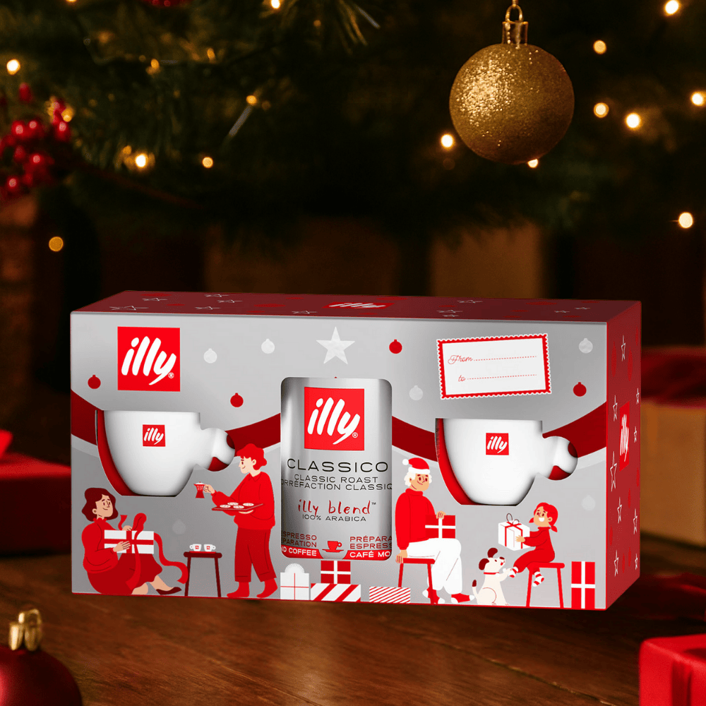 ILLY dovanų rinkinys - malta kava 250 g + 2 vnt. espresso puodeliai su lėkštutėmis illy