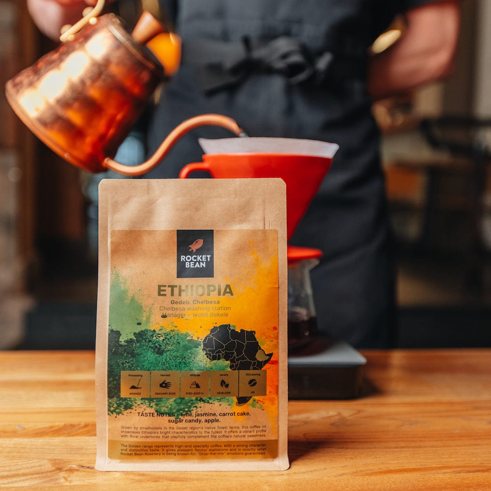 Kavos pupelės RBR Etiopija, Gedebas, Čelbesa, plautos, filtruota kava 200g Rocket Bean Roastery